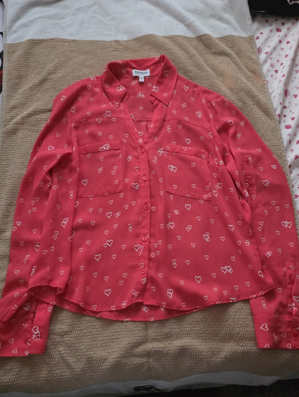 Express Red Button-Down Blouse with White Heart Print
